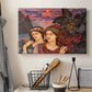 Canvas art print detailing an allegorical scene emphasizing emotion and color, displayed in a softly lit workspace setting