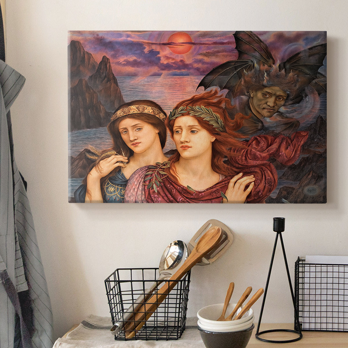Canvas art print detailing an allegorical scene emphasizing emotion and color, displayed in a softly lit workspace setting