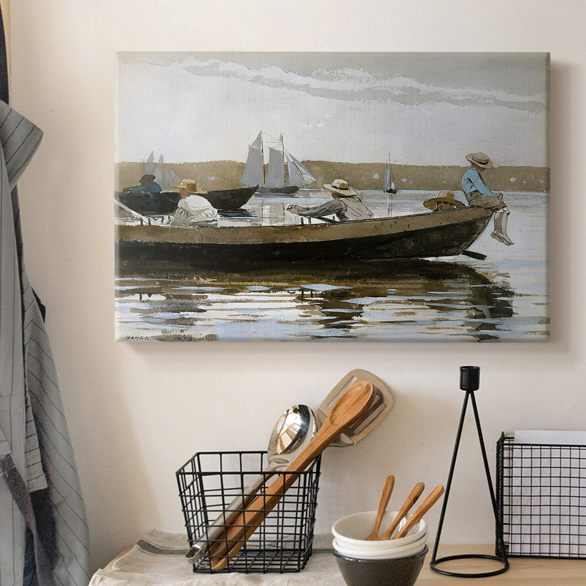 Canvas art print detailing a quiet boating scene with figures centered in frame, displayed in a softly lit workspace setting