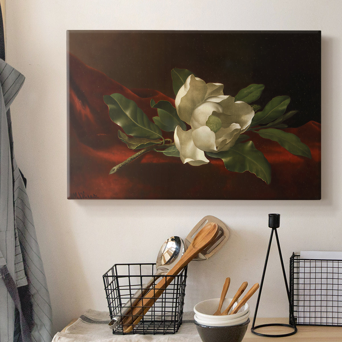 Canvas art print detailing a luminist still life emphasizing flower, displayed in a softly lit workspace setting