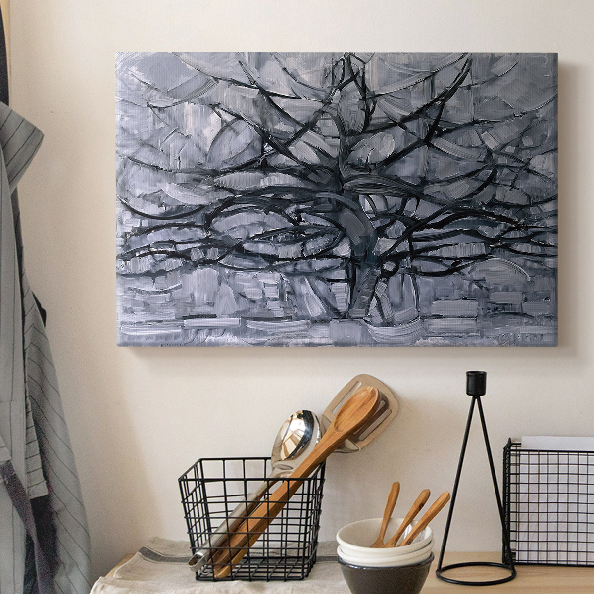 Canvas art print detailing a transitional tree pattern, displayed in a softly lit workspace setting
