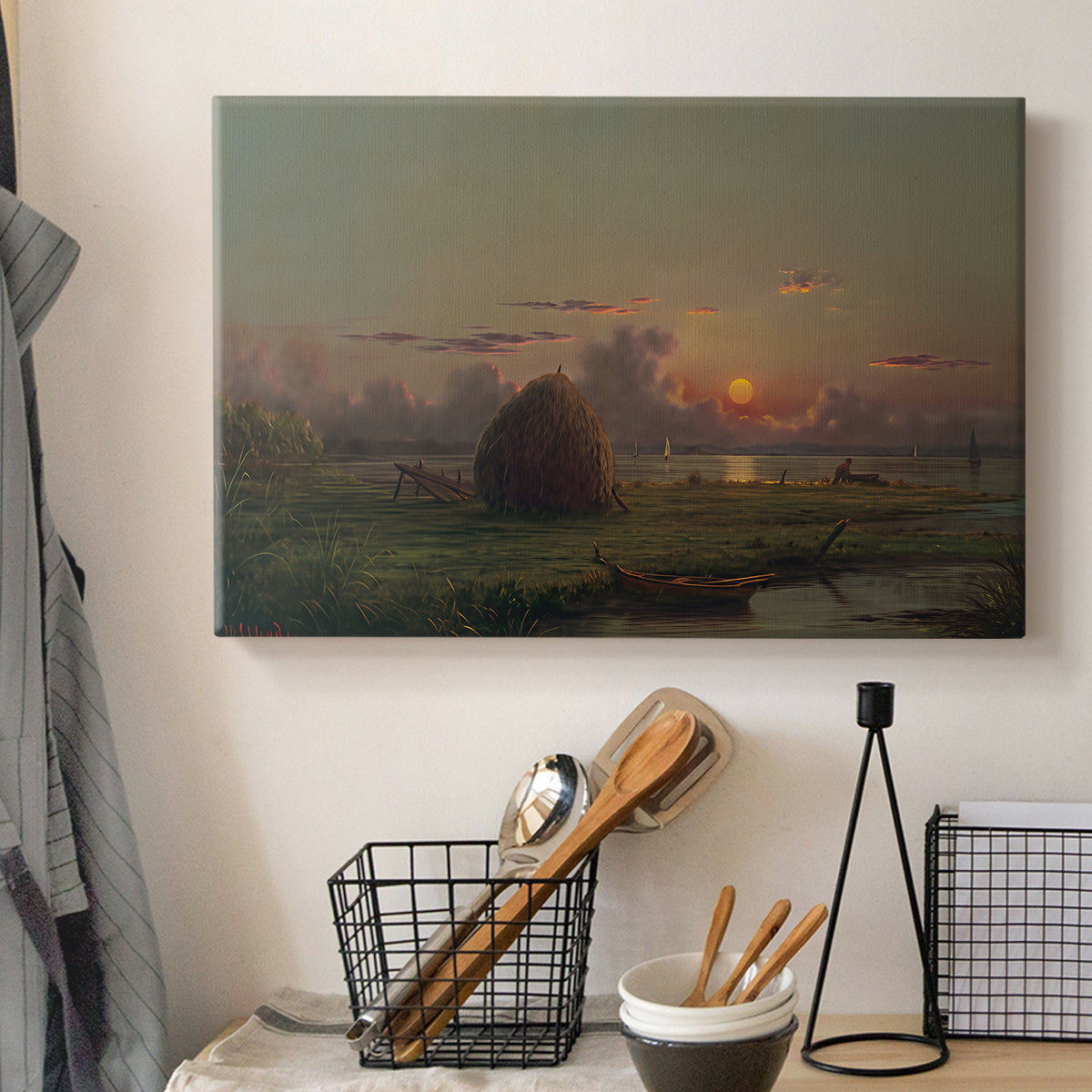 Canvas art print detailing a luminist composition emphasizing sky, displayed in a softly lit workspace setting