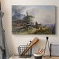 Canvas art print detailing a realistic countryside composition with farm and terrain, displayed in a softly lit workspace setting