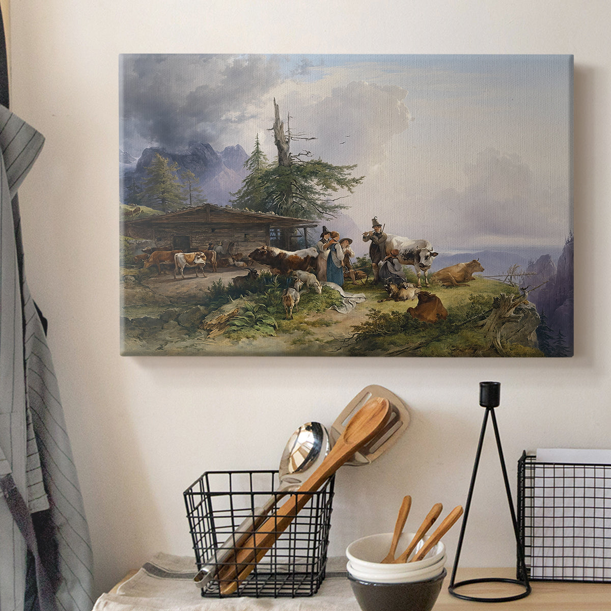 Canvas art print detailing a realistic countryside composition with farm and terrain, displayed in a softly lit workspace setting