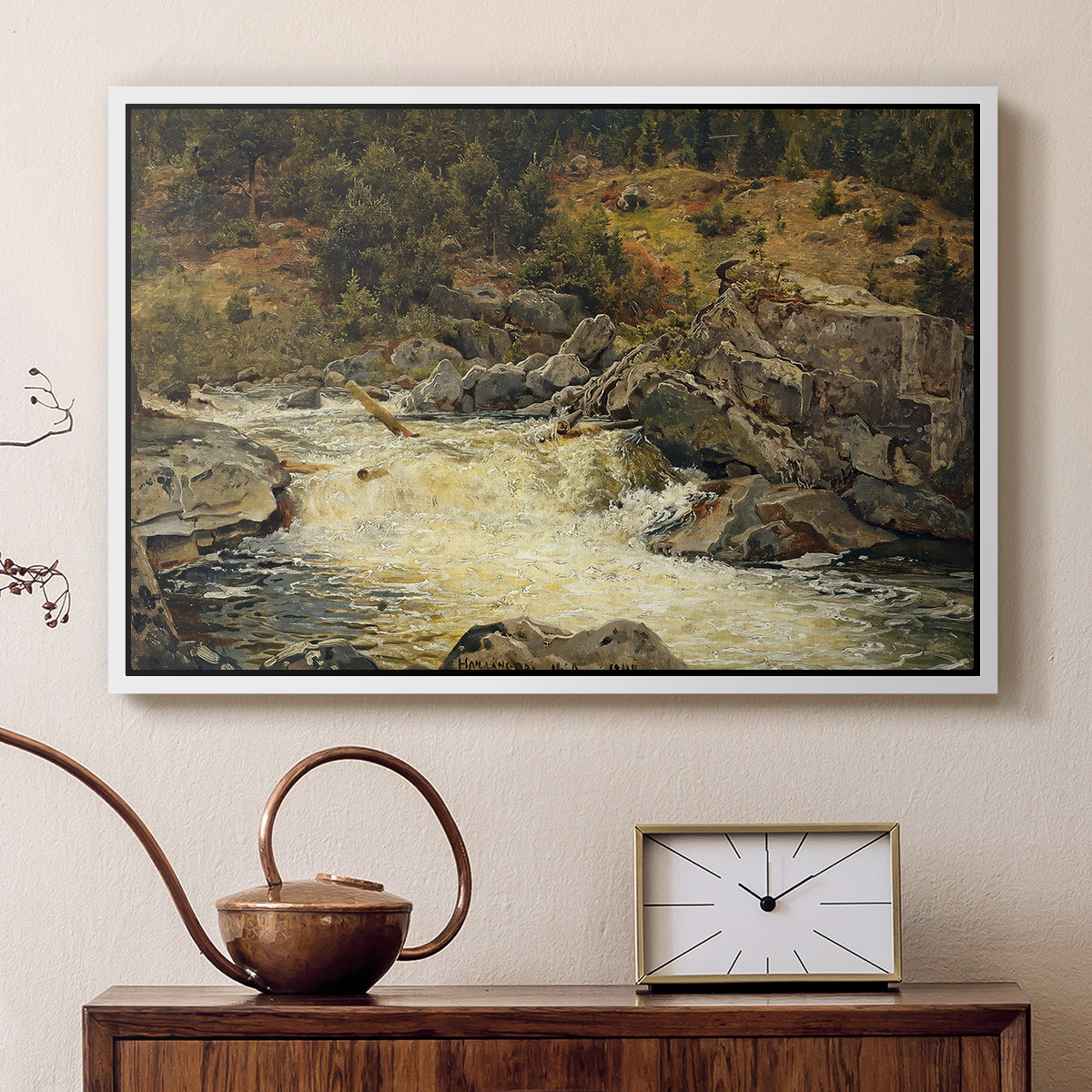 Waterfall in Hallingdal, 1848 - Floater Framed Canvas Print