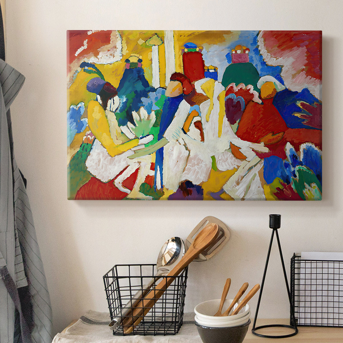Canvas art print detailing a layered composition with bold color contrasts and movement, displayed in a softly lit workspace setting