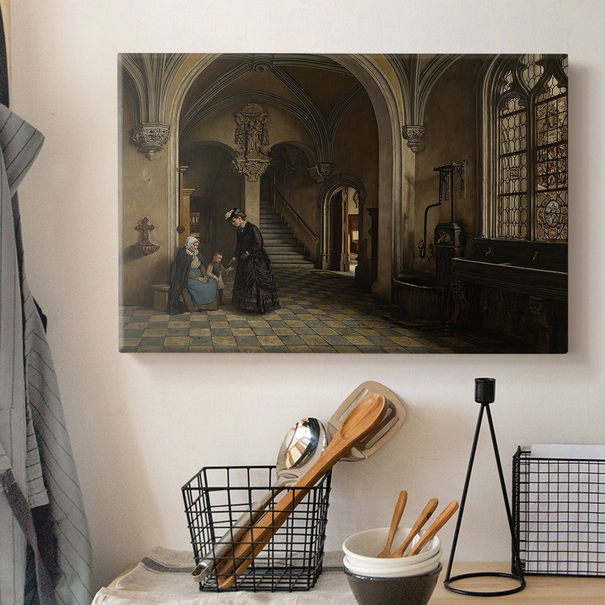 Canvas art print detailing an interior view emphasizing structure and depth of building, displayed in a softly lit workspace setting
