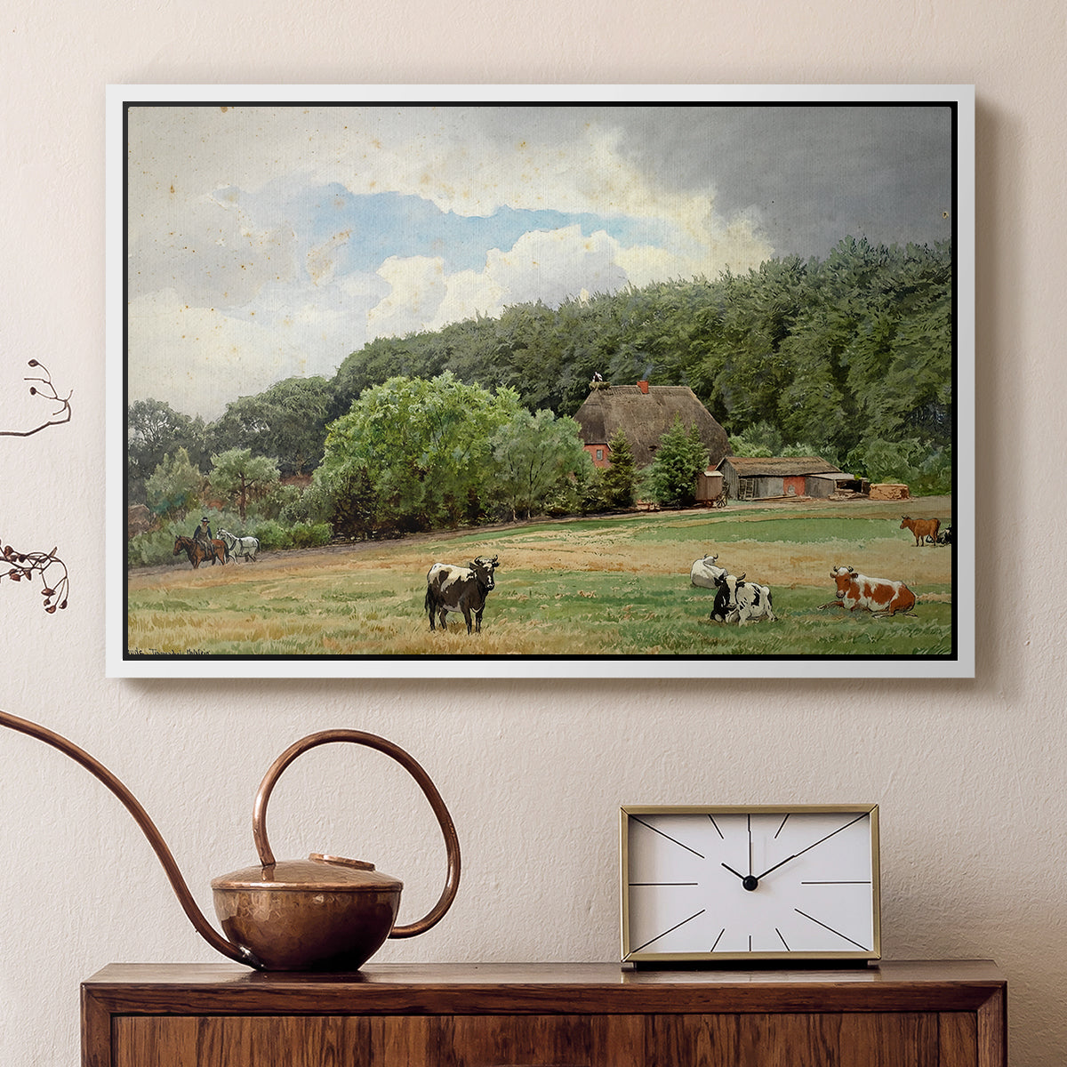 Farm with Grazing Cows (Bondegård med beitende kuer), 1892 - Floater Framed Canvas Print