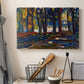 Canvas art print detailing a stylized landscape focusing on color and atmosphere, displayed in a softly lit workspace setting