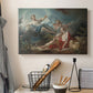Canvas art print detailing a stylized mythological scene with reclining figure and woman, displayed in a softly lit workspace setting