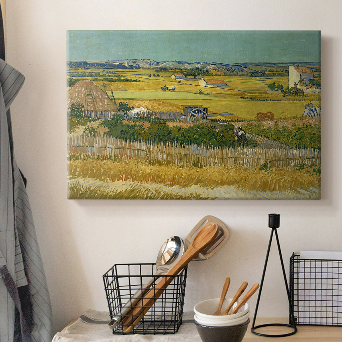 Canvas art print detailing a post-impressionist composition emphasizing seasonal work, displayed in a softly lit workspace setting