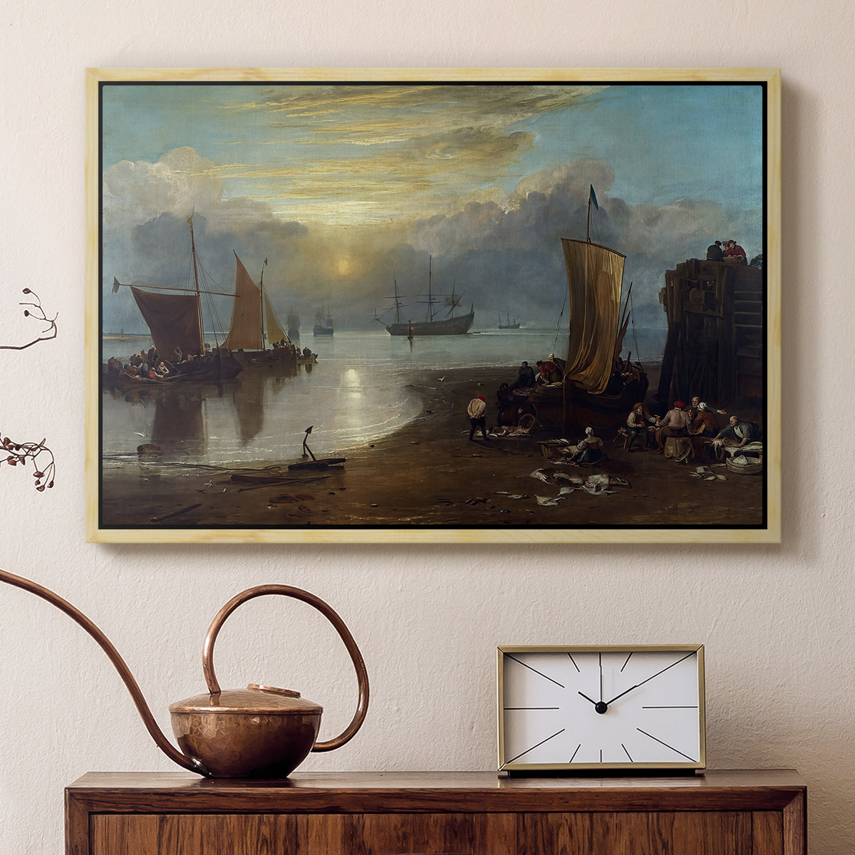 Sun Rising through Vapour: Fishermen Cleaning and Selling Fish, c. 1807 - Floater Framed Canvas Print