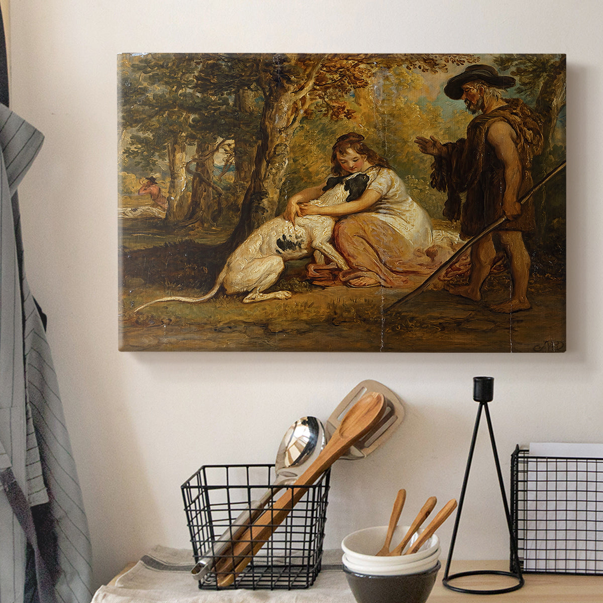 Canvas art print detailing a dynamic rural setting with animals engaged in action, displayed in a softly lit workspace setting