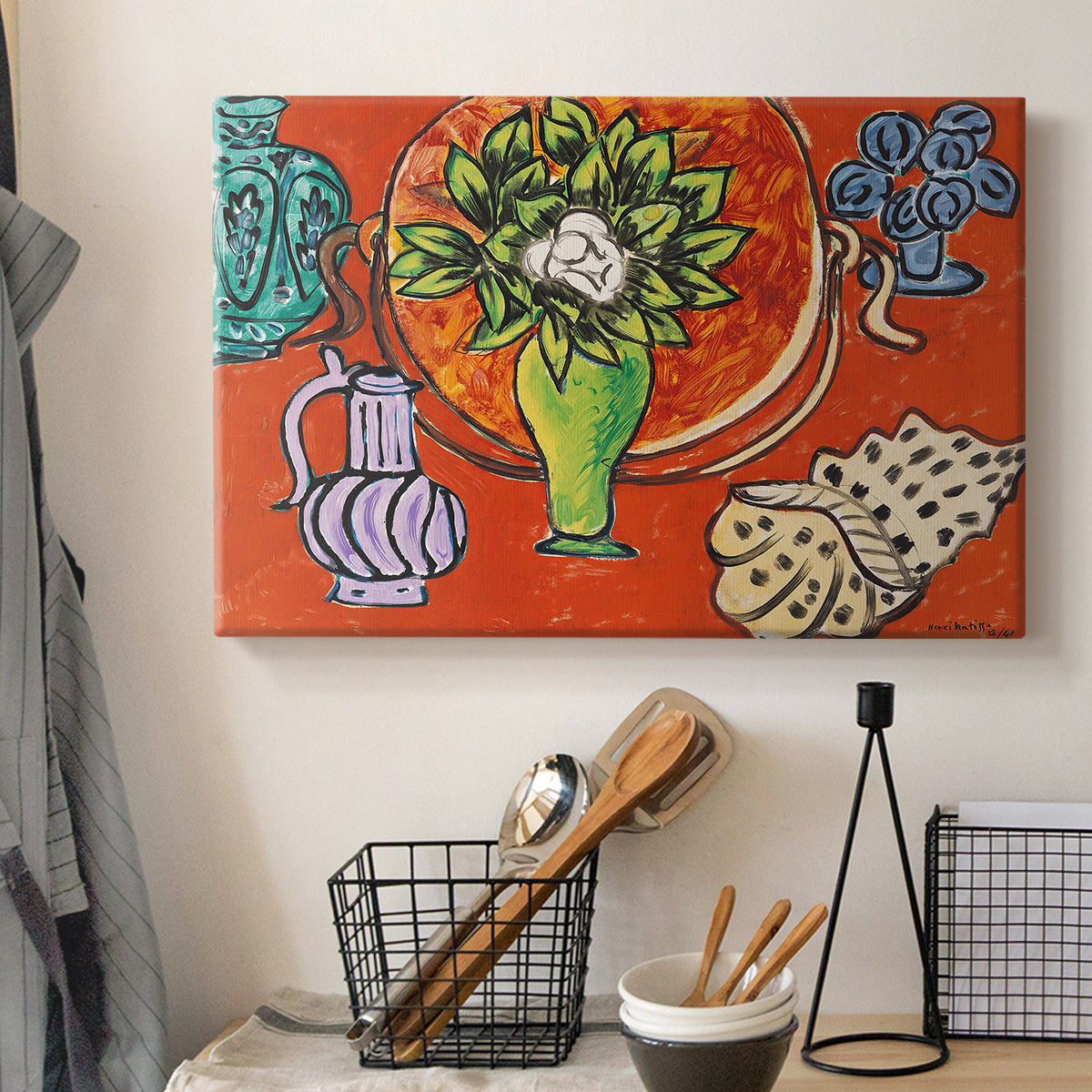 Canvas art print detailing a stylized still life featuring magnolia blossoms, displayed in a softly lit workspace setting