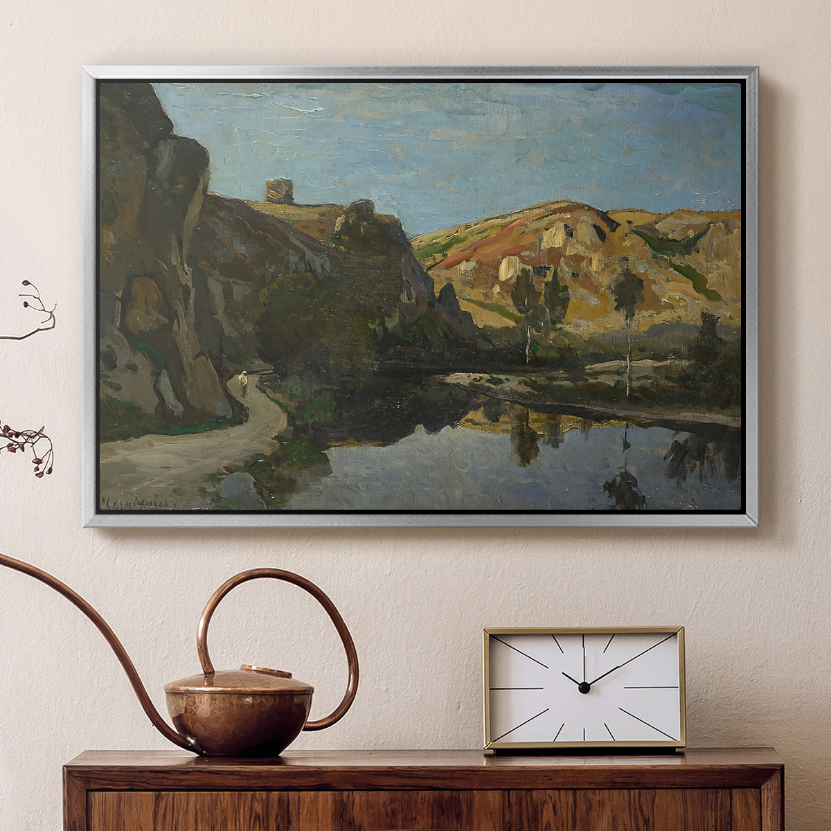 River Landscape with Cliffs, c. 1850-1860 - Floater Framed Canvas Print