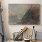 Canvas art print detailing a composition combining waterway and castles, displayed in a softly lit workspace setting