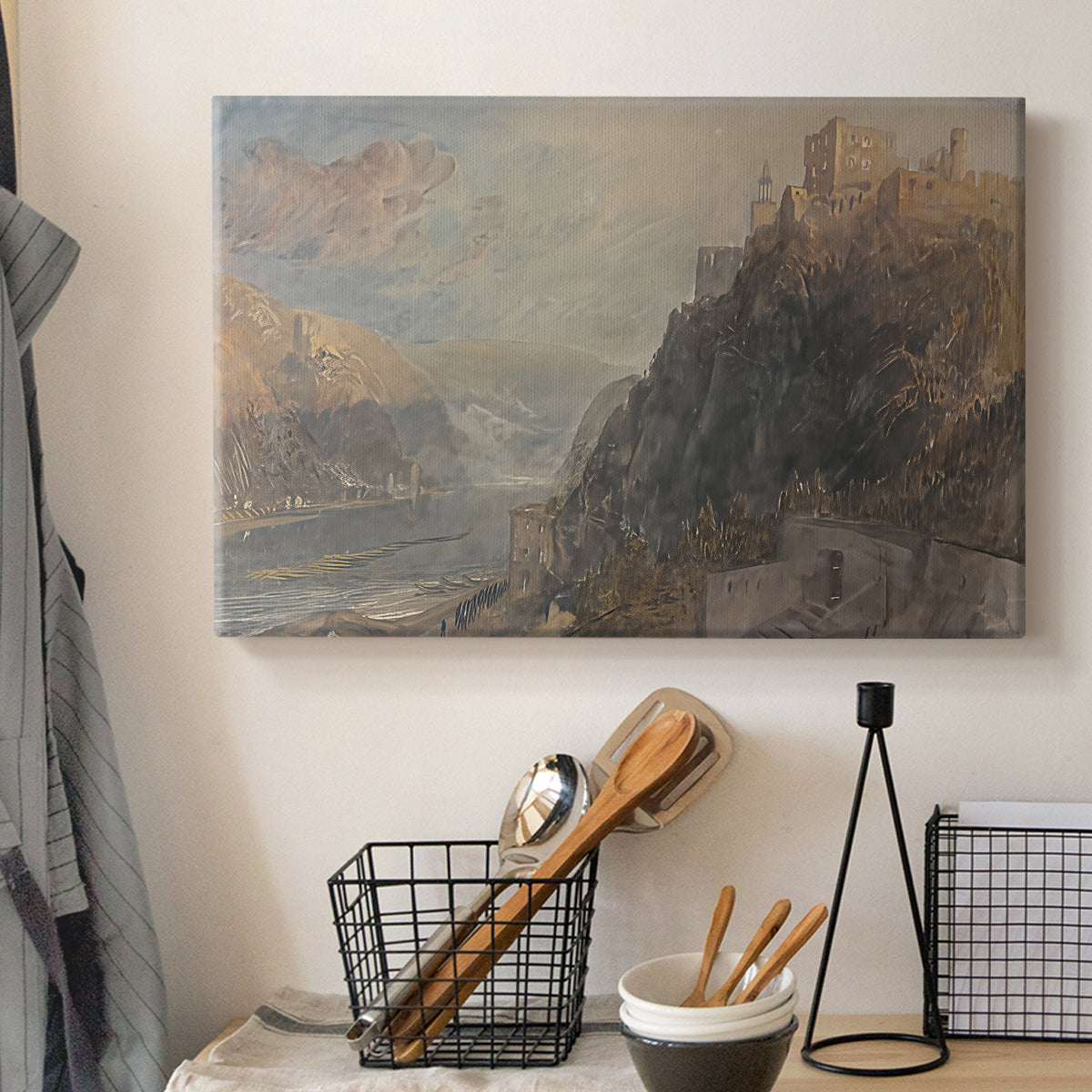 Canvas art print detailing a composition combining waterway and castles, displayed in a softly lit workspace setting