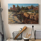 Canvas art print detailing a detailed depiction of historic Roman architecture, displayed in a softly lit workspace setting