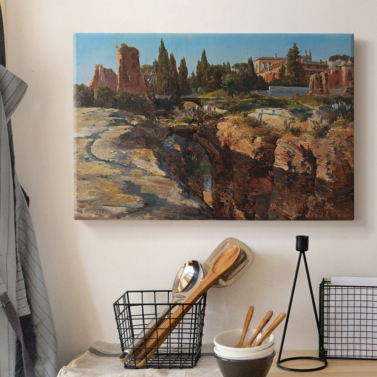 Canvas art print detailing a detailed depiction of historic Roman architecture, displayed in a softly lit workspace setting