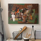 Canvas art print detailing an expressive collage of objects, displayed in a softly lit workspace setting