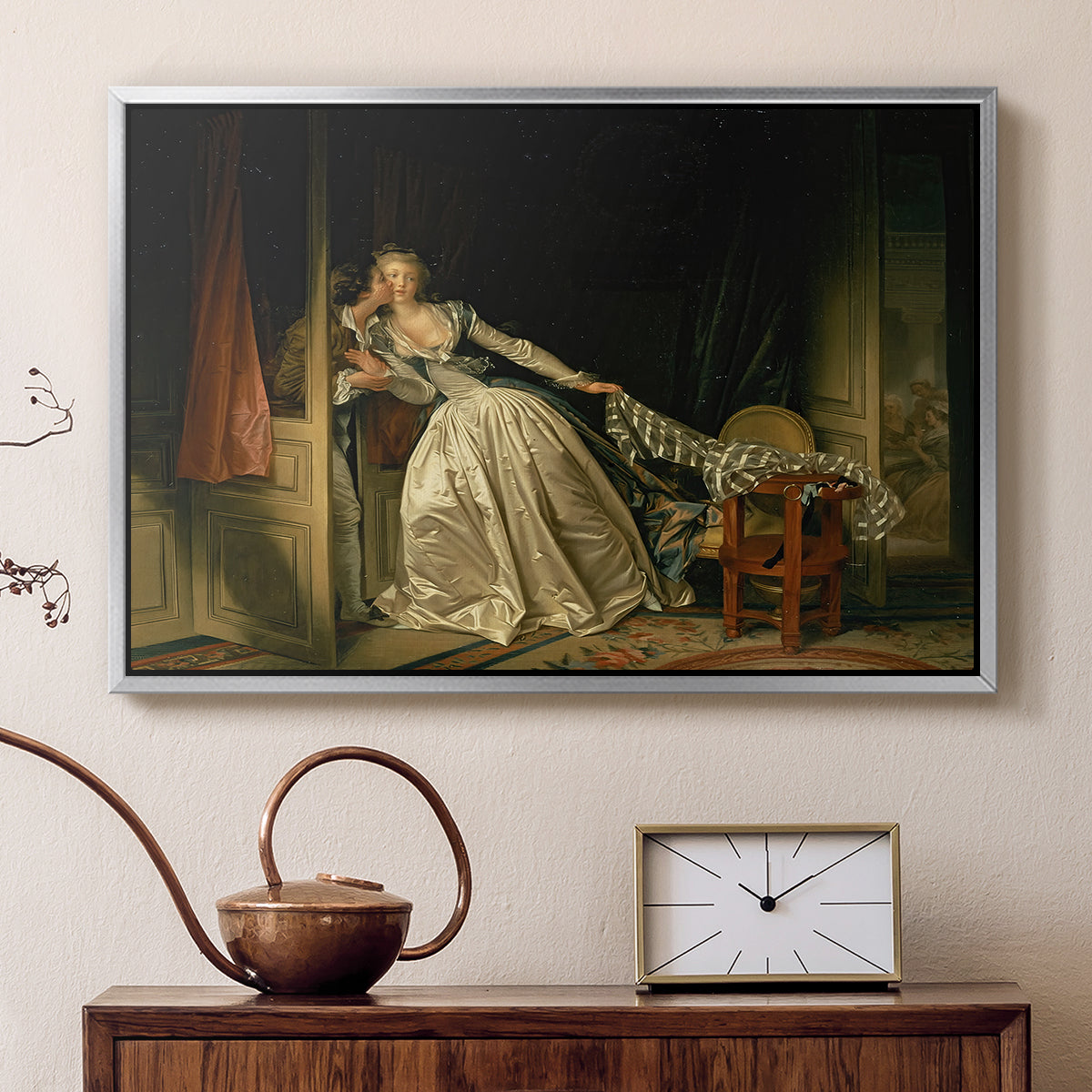 The Stolen Kiss (Le Baiser à la dérobée), c. 1788 - Floater Framed Canvas Print