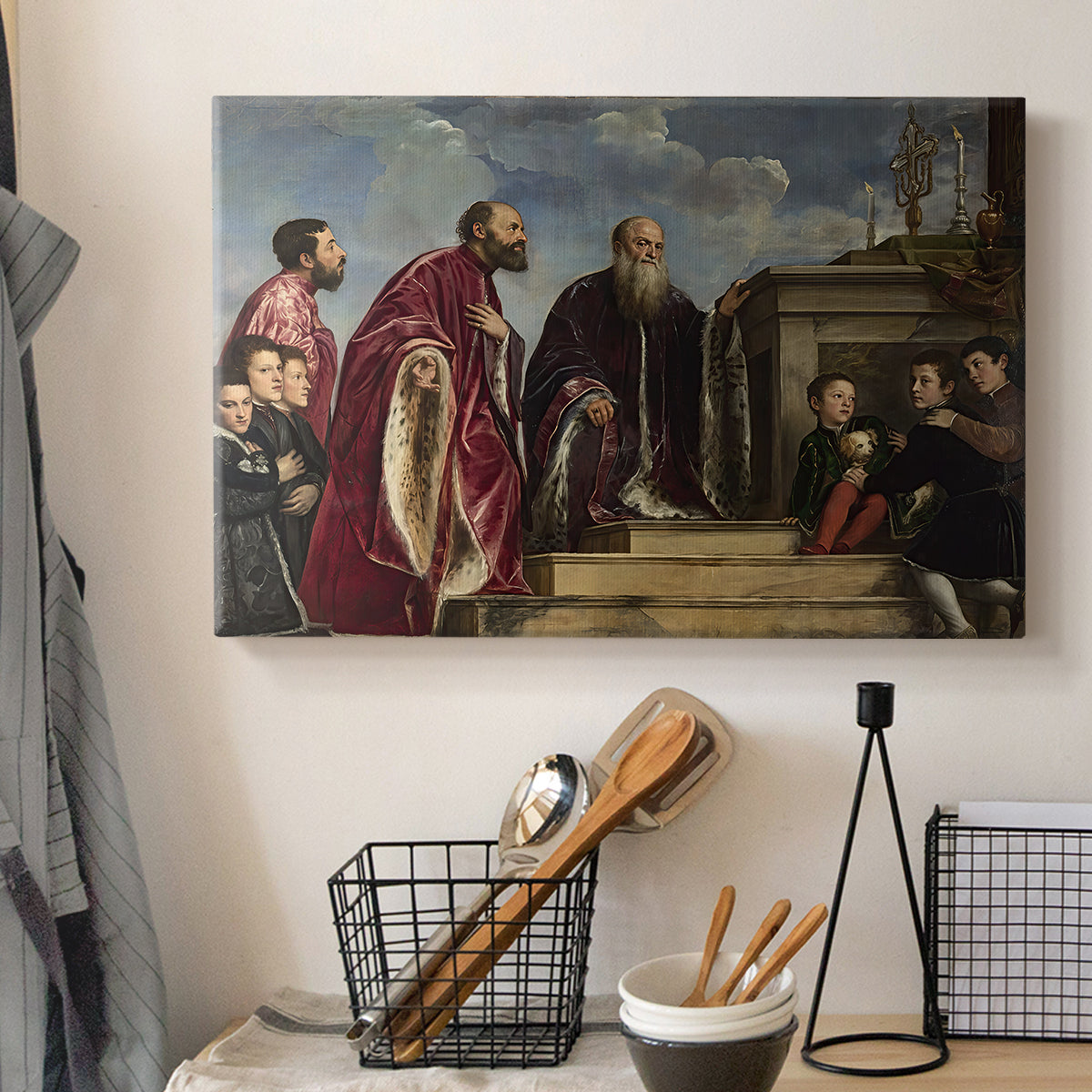Canvas art print detailing a group scene with richly dressed figures honoring holy relic, displayed in a softly lit workspace setting