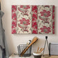 Canvas art print detailing a pattern with floral elements organized around curved central forms, displayed in a softly lit workspace setting
