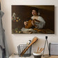 Canvas art print detailing a Baroque depiction of musician with detailed textures and lighting, displayed in a softly lit workspace setting