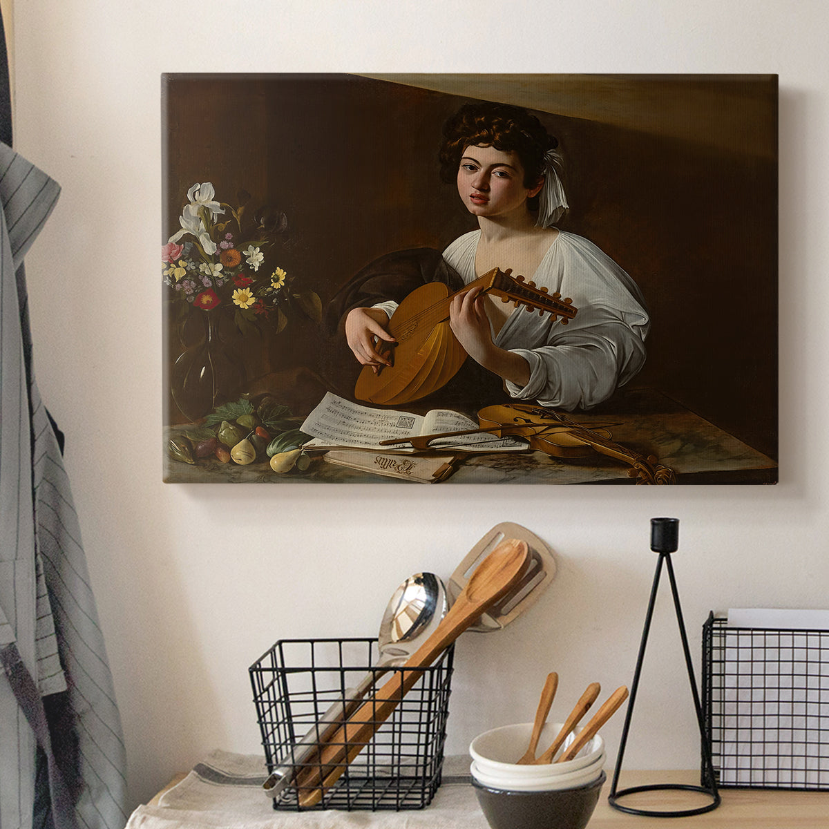 Canvas art print detailing a Baroque depiction of musician with detailed textures and lighting, displayed in a softly lit workspace setting