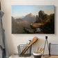 Canvas art print detailing a narrative outdoor scene set in a mountainous river valley, displayed in a softly lit workspace setting