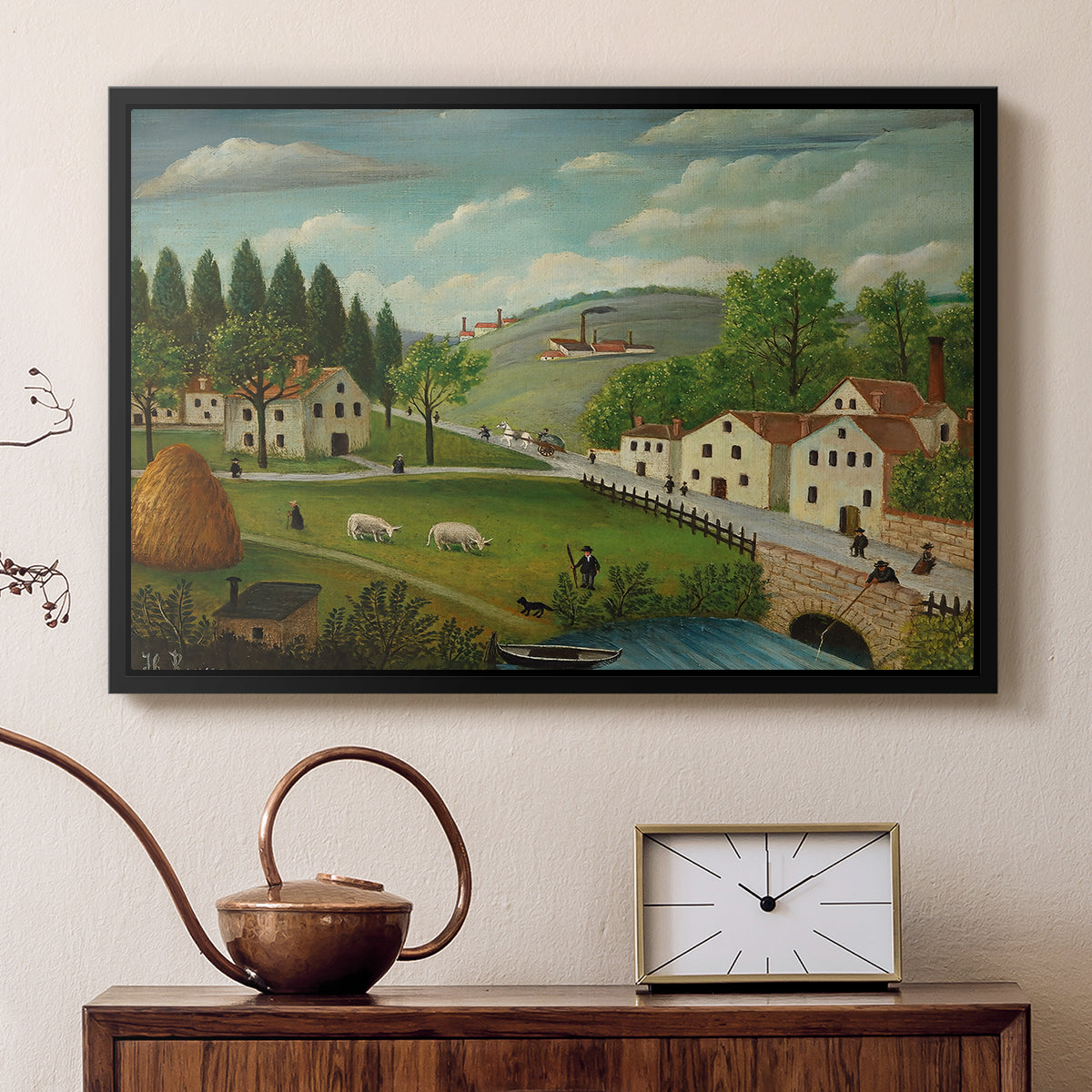 Pastoral Landscape with Stream, Fisherman and Strollers, 1875-1880 - Floater Framed Canvas Print