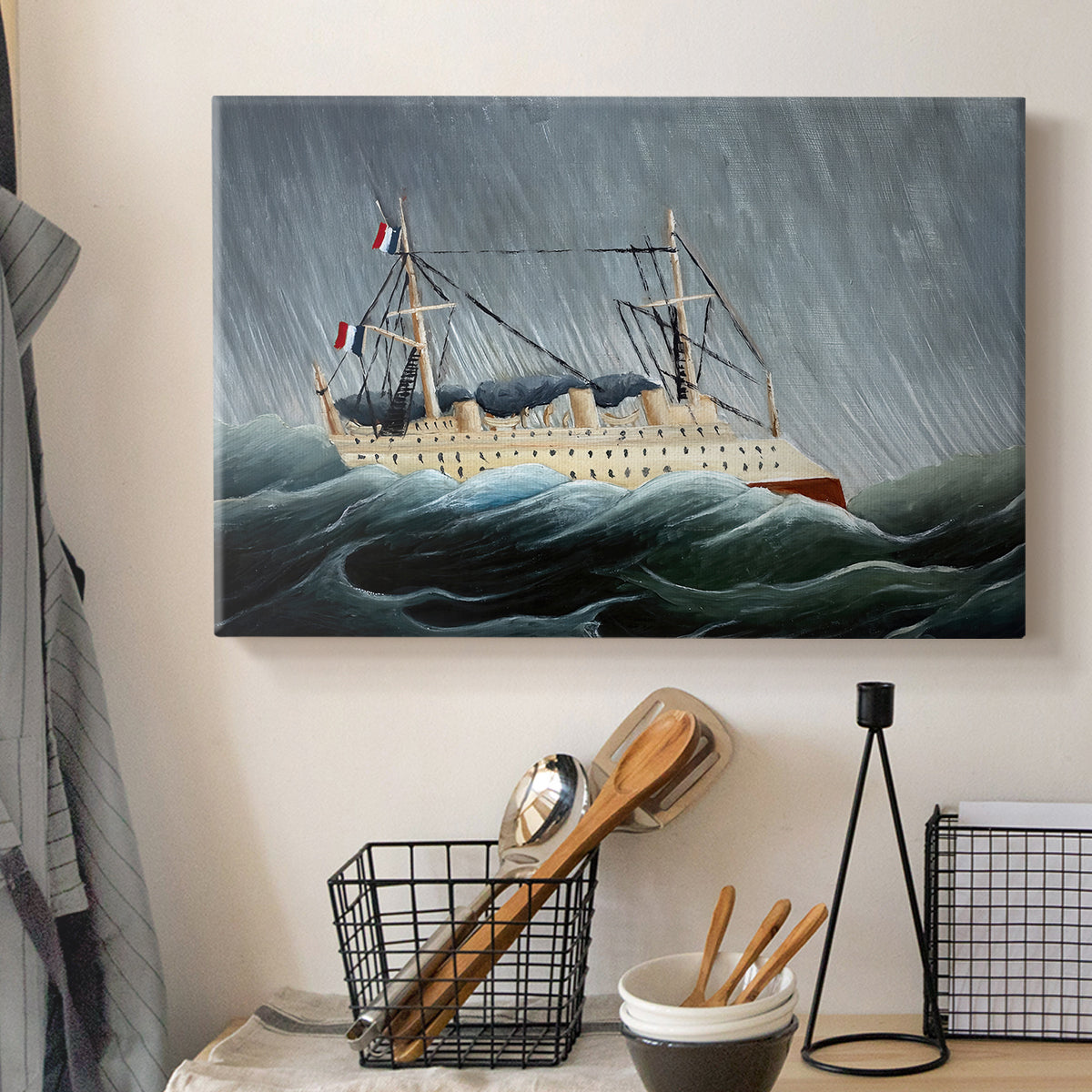 Canvas art print detailing an expressive ocean view with waves and storm clouds, displayed in a softly lit workspace setting