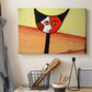 Canvas art print detailing a digital artwork of cat in geometric style, displayed in a softly lit workspace setting
