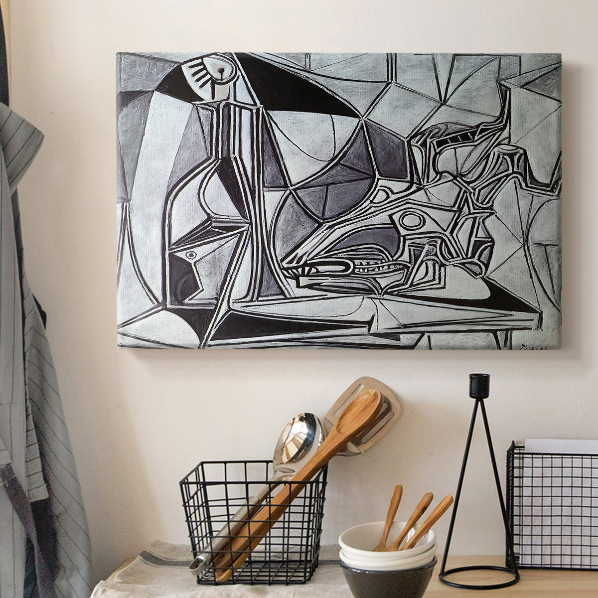Canvas art print detailing a stylized composition emphasizing structure, displayed in a softly lit workspace setting