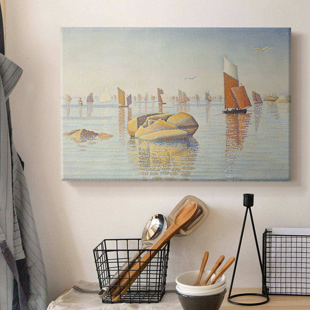 Canvas art print detailing a maritime still composition, displayed in a softly lit workspace setting