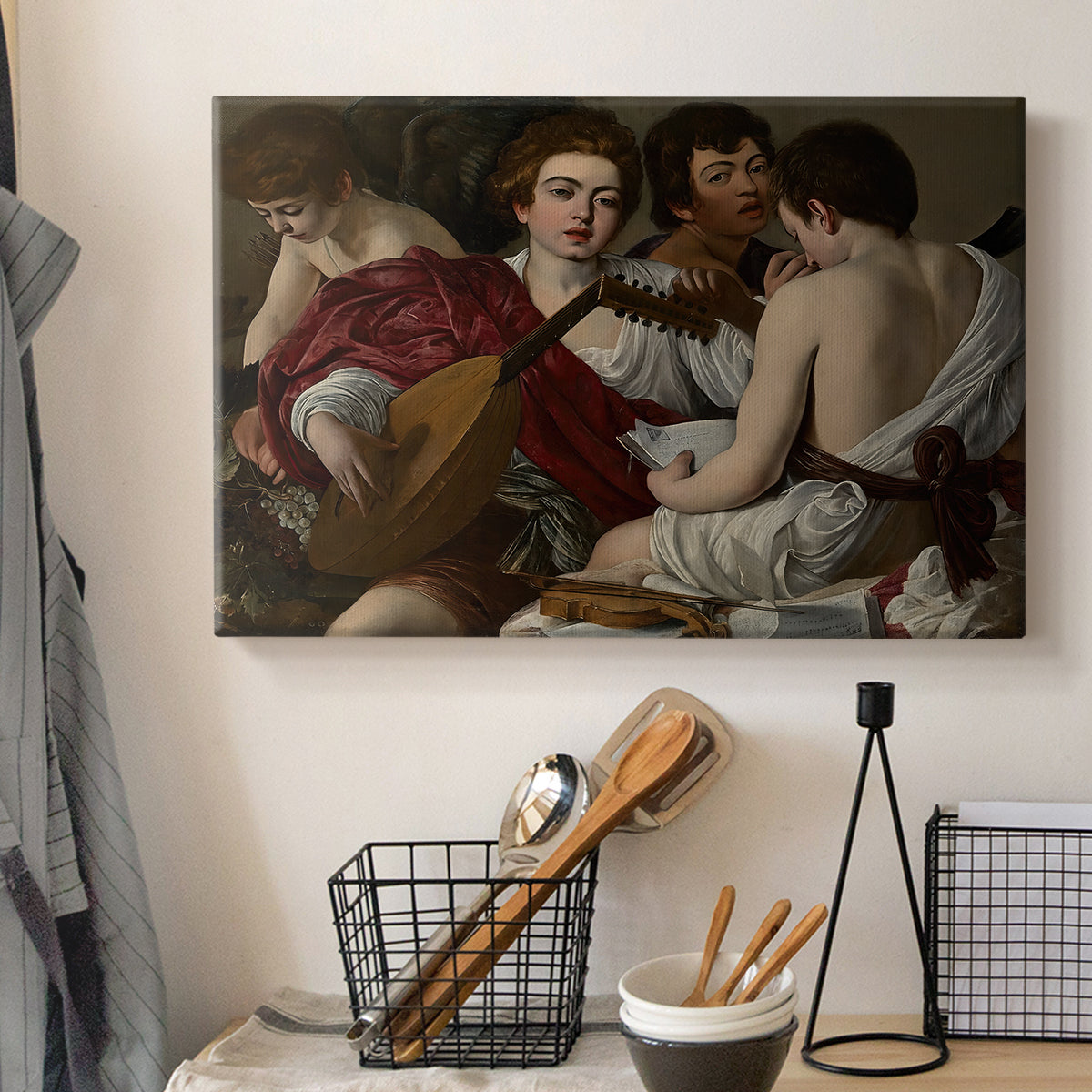 Canvas art print detailing a musical gathering with figures posed closely in soft light, displayed in a softly lit workspace setting