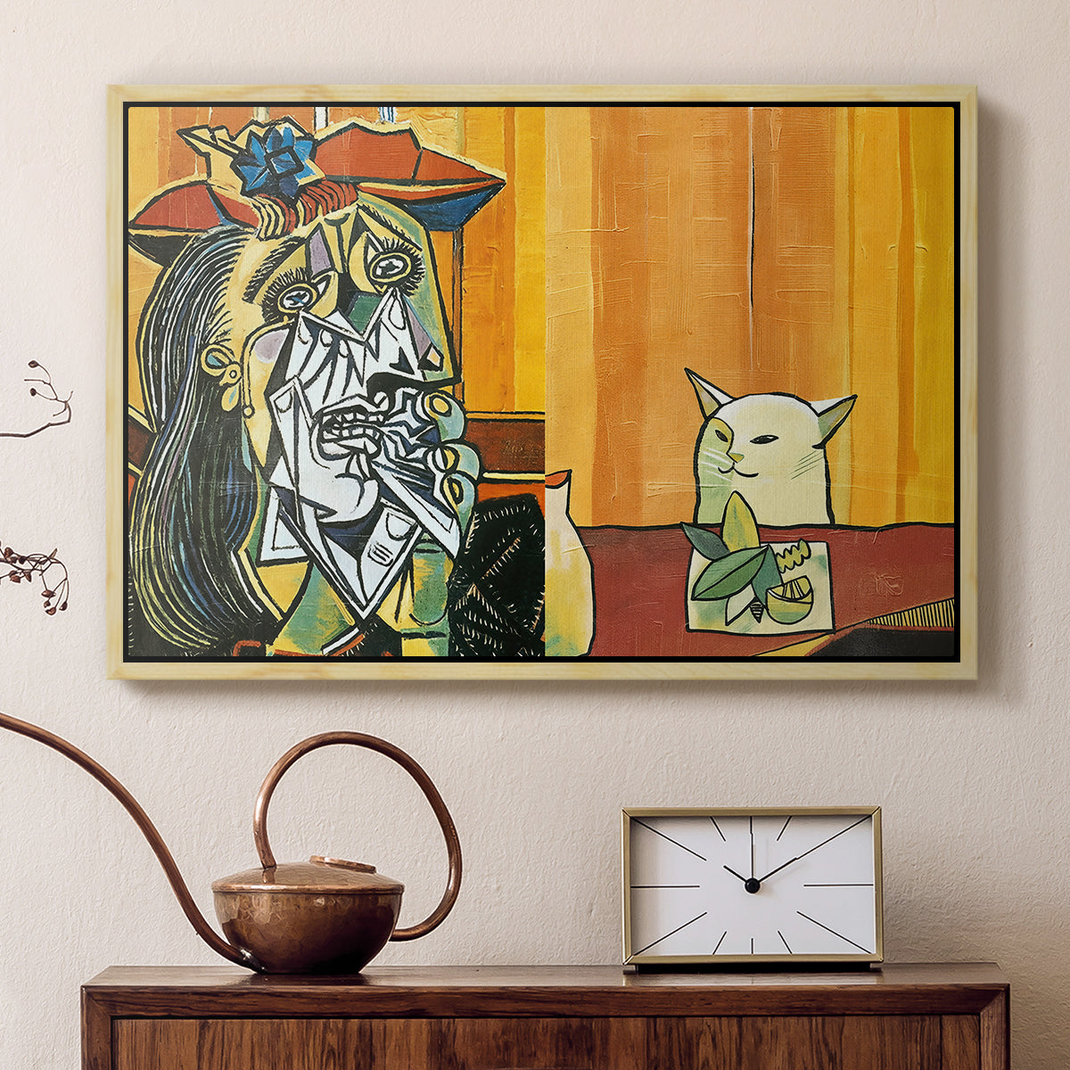 Woman Yelling at a Cat Meme (Picasso Parody) - Floater Framed Canvas Print