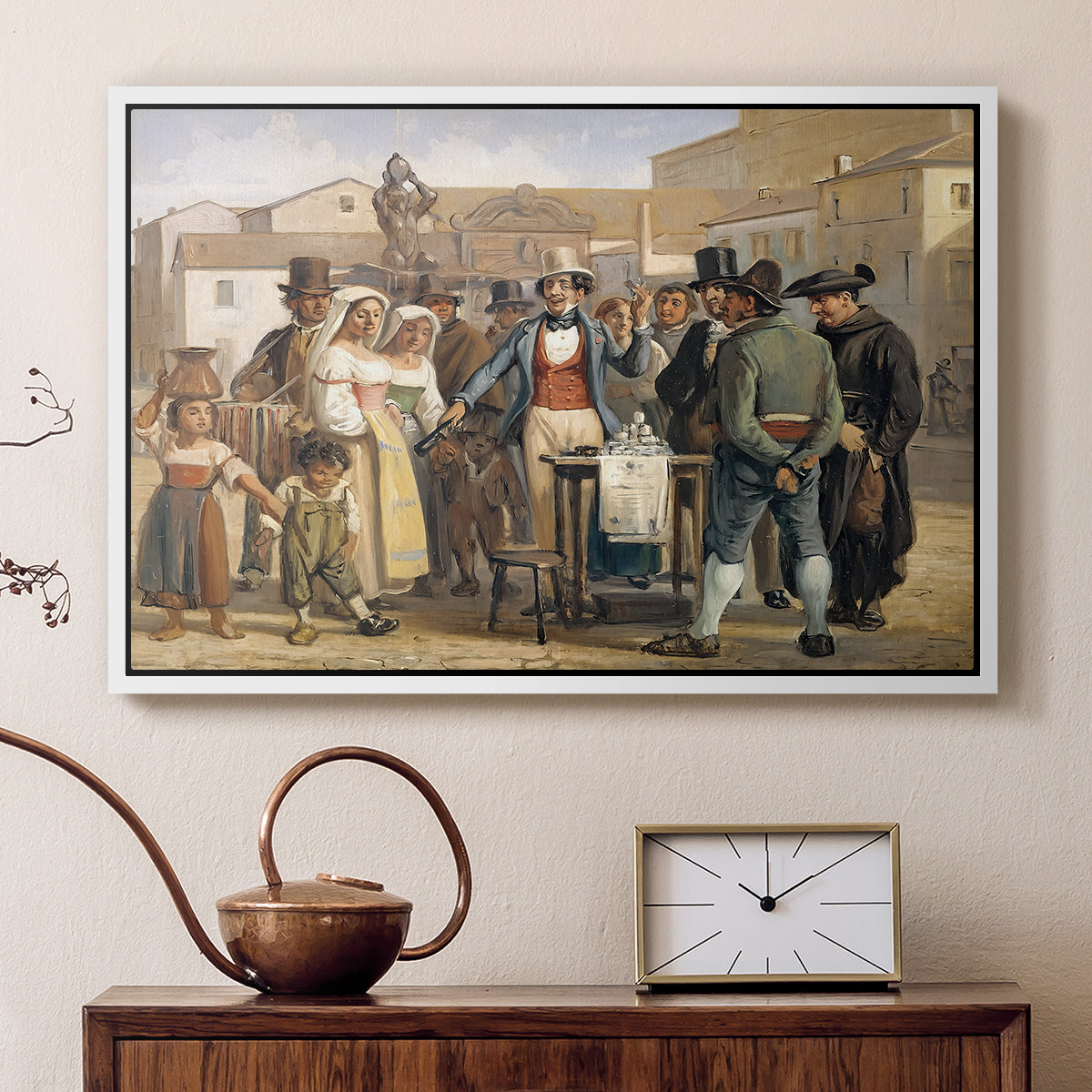 A Charlatan Selling Blacking in the Piazza Barberini in Rome, c. 1840-1849 - Floater Framed Canvas Print
