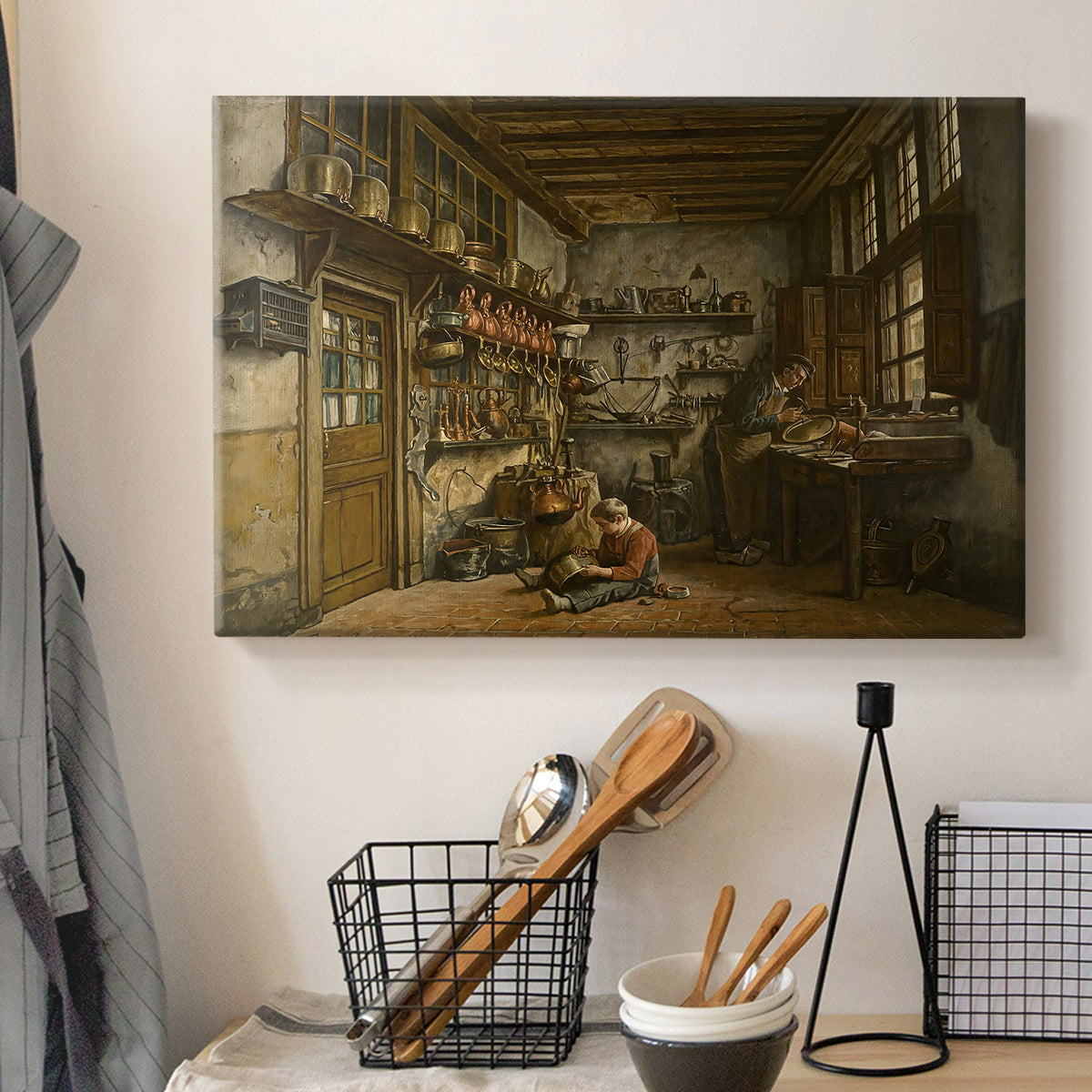 Canvas art print detailing a detailed depiction of artisan in traditional workspace, displayed in a softly lit workspace setting