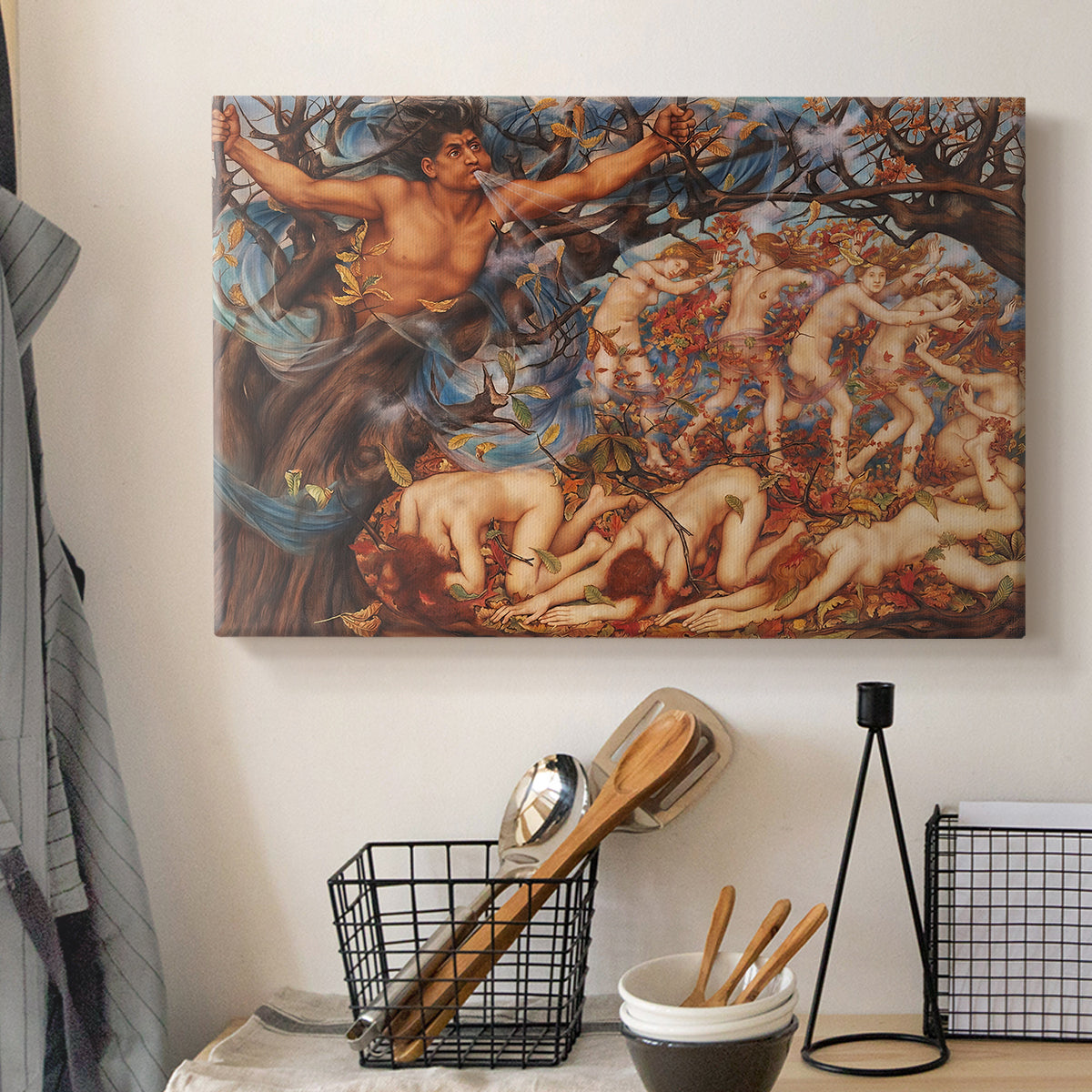Canvas art print detailing a symbolic representation of motion and seasonal change, displayed in a softly lit workspace setting