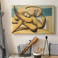 Canvas art print detailing a stylized scene of figures merged through angular shapes, displayed in a softly lit workspace setting