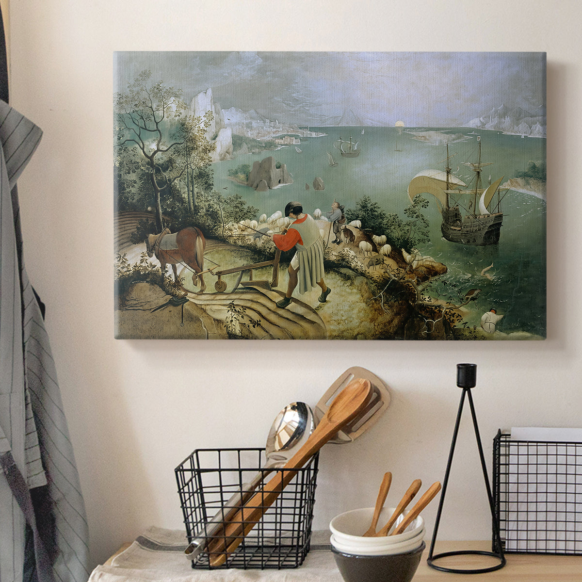 Canvas art print detailing a traditional landscape composition combining nature and myth, displayed in a softly lit workspace setting