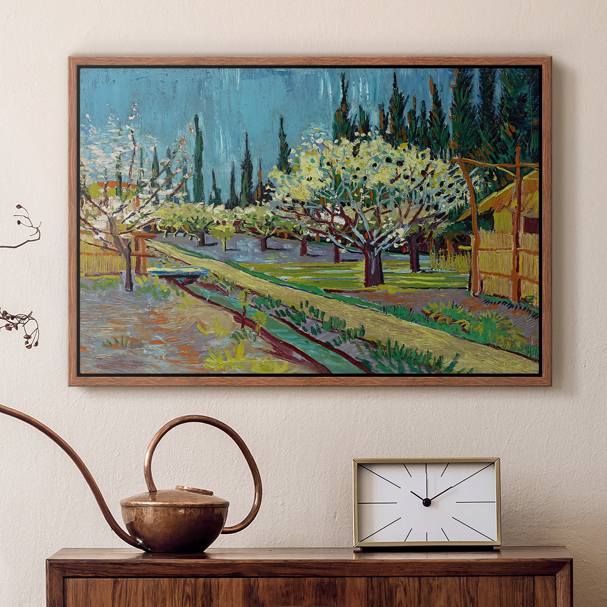 Orchard in Blossom, Bordered by Cypresses, 1888 - Floater Framed Canvas Print