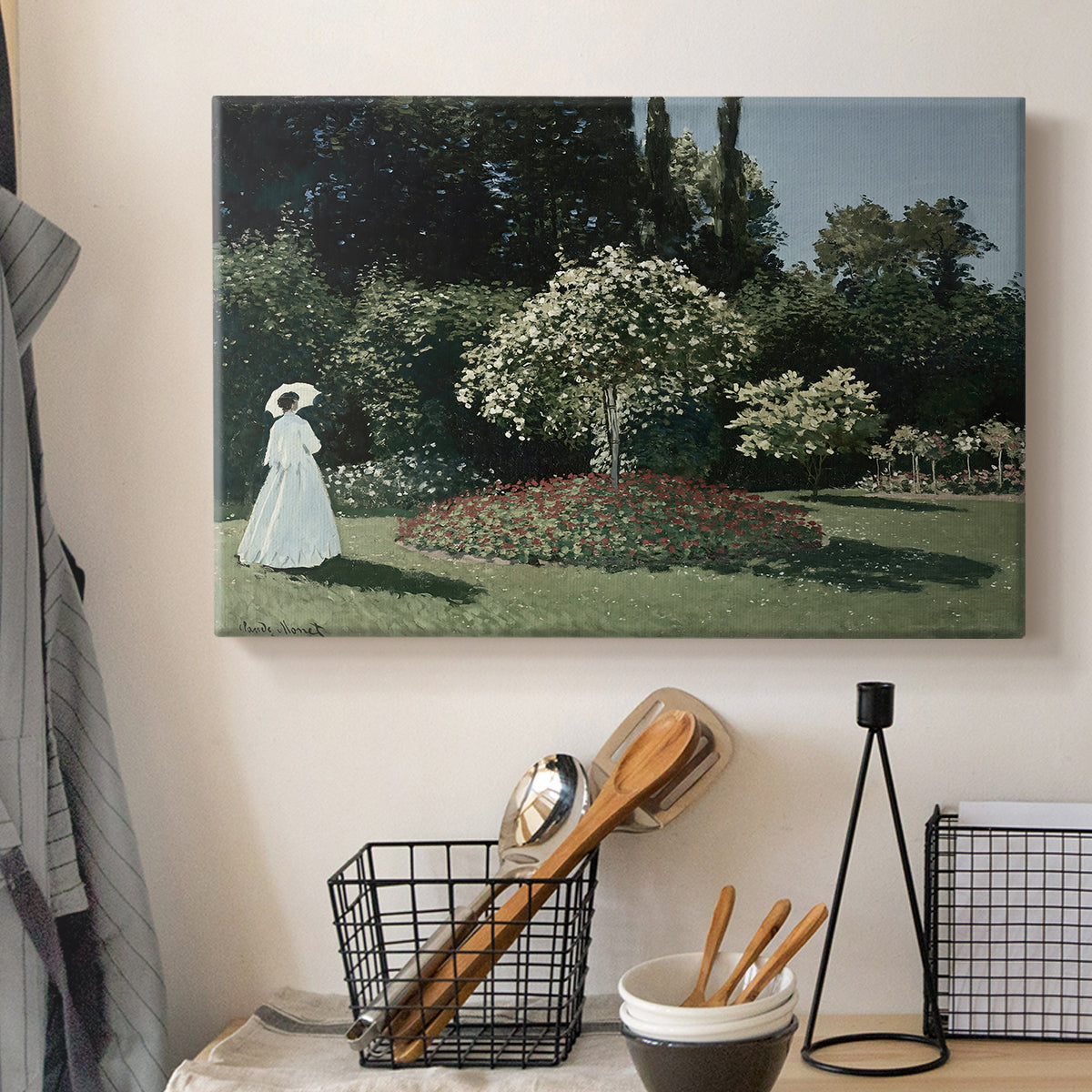 Canvas art print detailing a tranquil garden portrait with soft natural light, displayed in a softly lit workspace setting