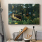 Canvas art print detailing a dreamlike setting with reclining woman in dense greenery, displayed in a softly lit workspace setting