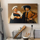 Canvas art print detailing a genre scene of fortune telling with subtle theft, displayed in a softly lit workspace setting