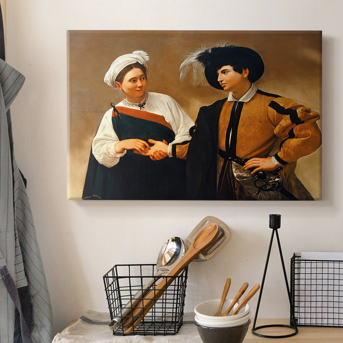 Canvas art print detailing a genre scene of fortune telling with subtle theft, displayed in a softly lit workspace setting