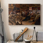 Canvas art print detailing a dynamic composition of crowd surrounding intense focal point, displayed in a softly lit workspace setting