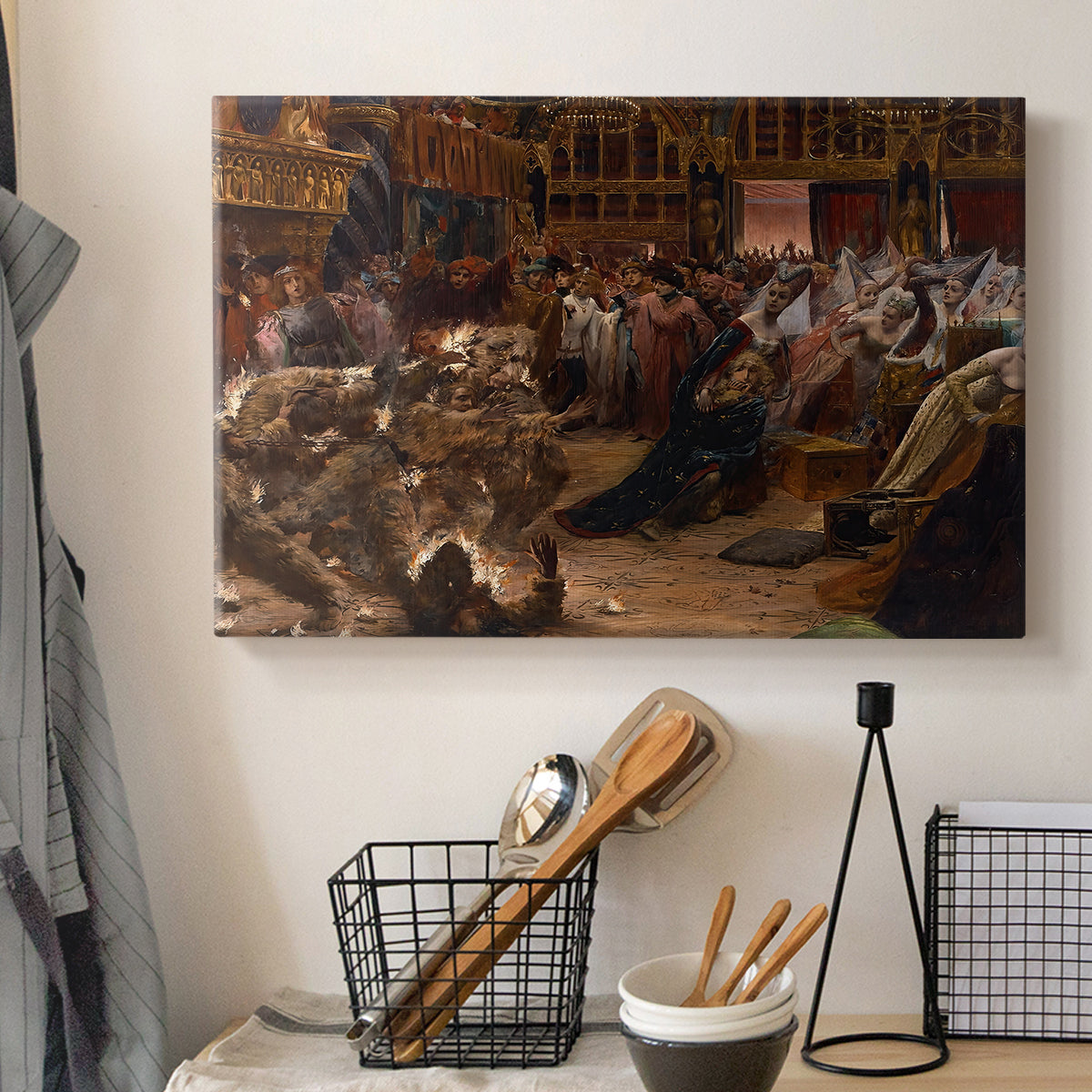 Canvas art print detailing a dynamic composition of crowd surrounding intense focal point, displayed in a softly lit workspace setting