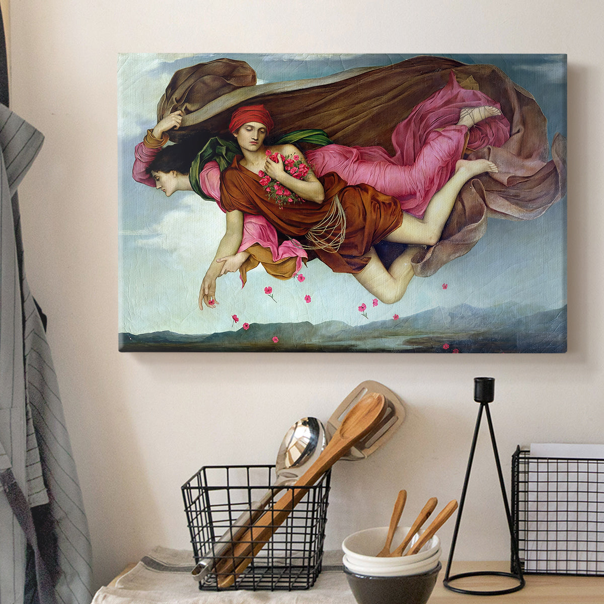 Canvas art print detailing an allegorical painting of intertwined figures in celestial setting, displayed in a softly lit workspace setting